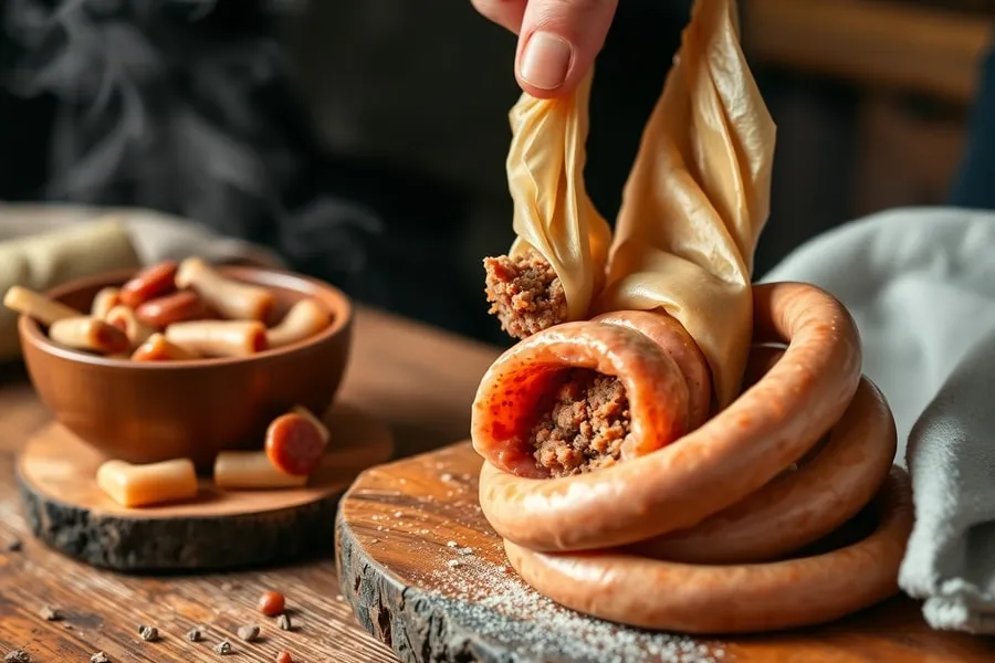 Nadziewanie jelit — przygotowanie farszu i formowanie kiełbas — Wędzenie kiełbasy w domu krok po kroku — praktyczny poradnik